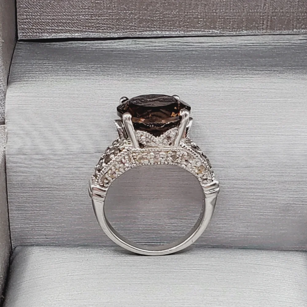 Genuine Round Smoky Quartz 925 Sterling Silver Ring